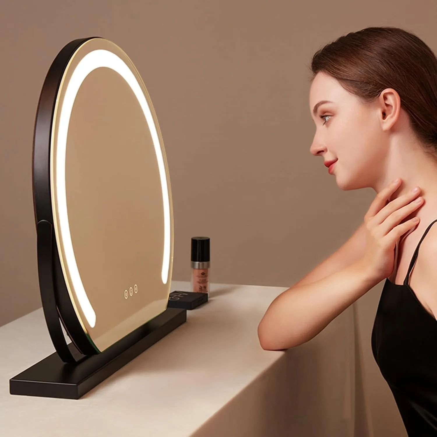 Round Standing Makeup Mirror, Hollywood Vanity Mirror with Dimmable LED Lights, 3 Lighting Modes Smart Touch Control 360° Rotation Dressing Table Mirror, Tabletop and Desk Mirror(Black,30cm)