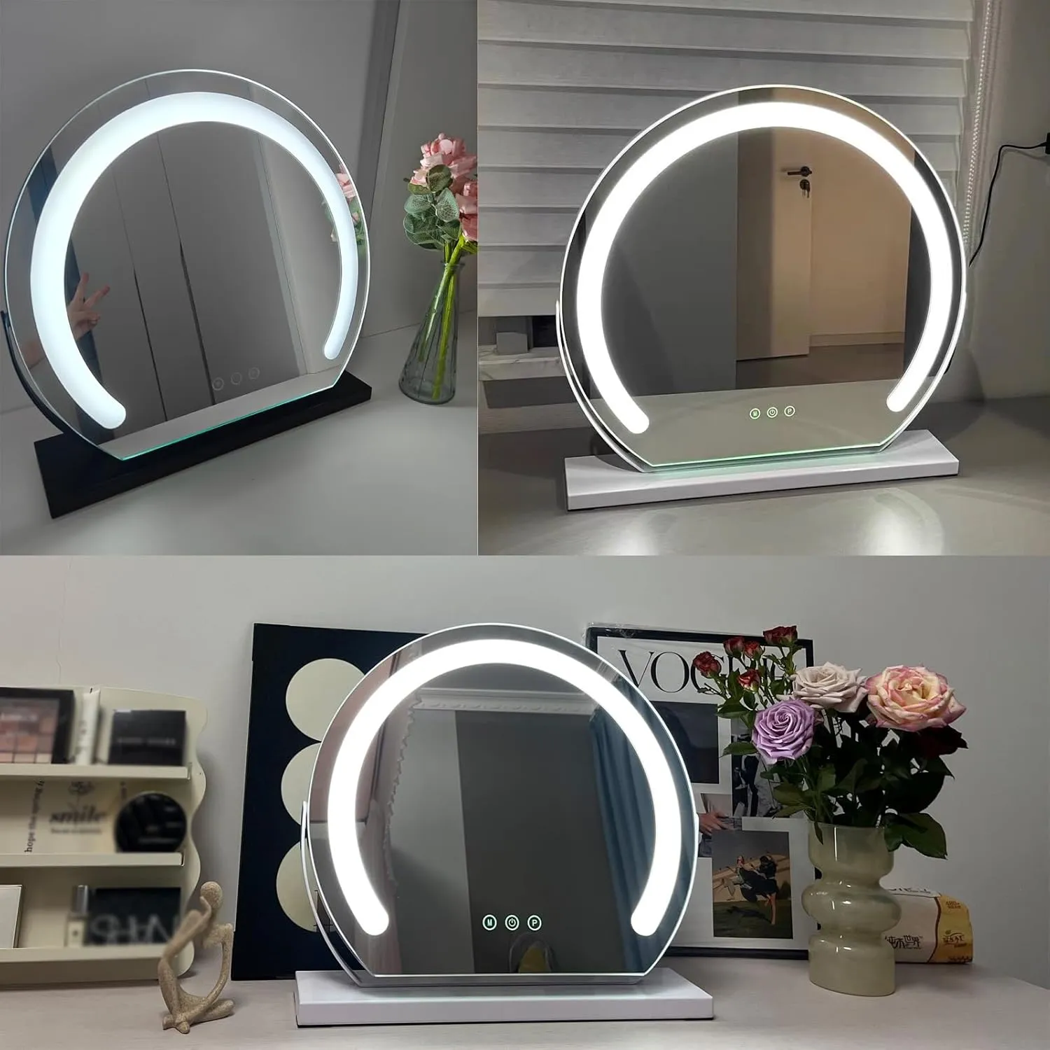 Round Standing Makeup Mirror, Hollywood Vanity Mirror with Dimmable LED Lights, 3 Lighting Modes Smart Touch Control 360° Rotation Dressing Table Mirror, Tabletop and Desk Mirror(Black,30cm)