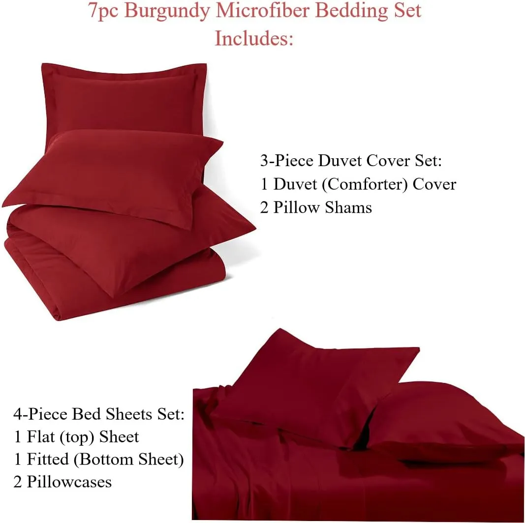 Royal Tradition 7PC Brushed Microfiber Bedding Set -Queen Size- Solid Burgundy (Duvet Cover Set with Matching Bed Sheets)