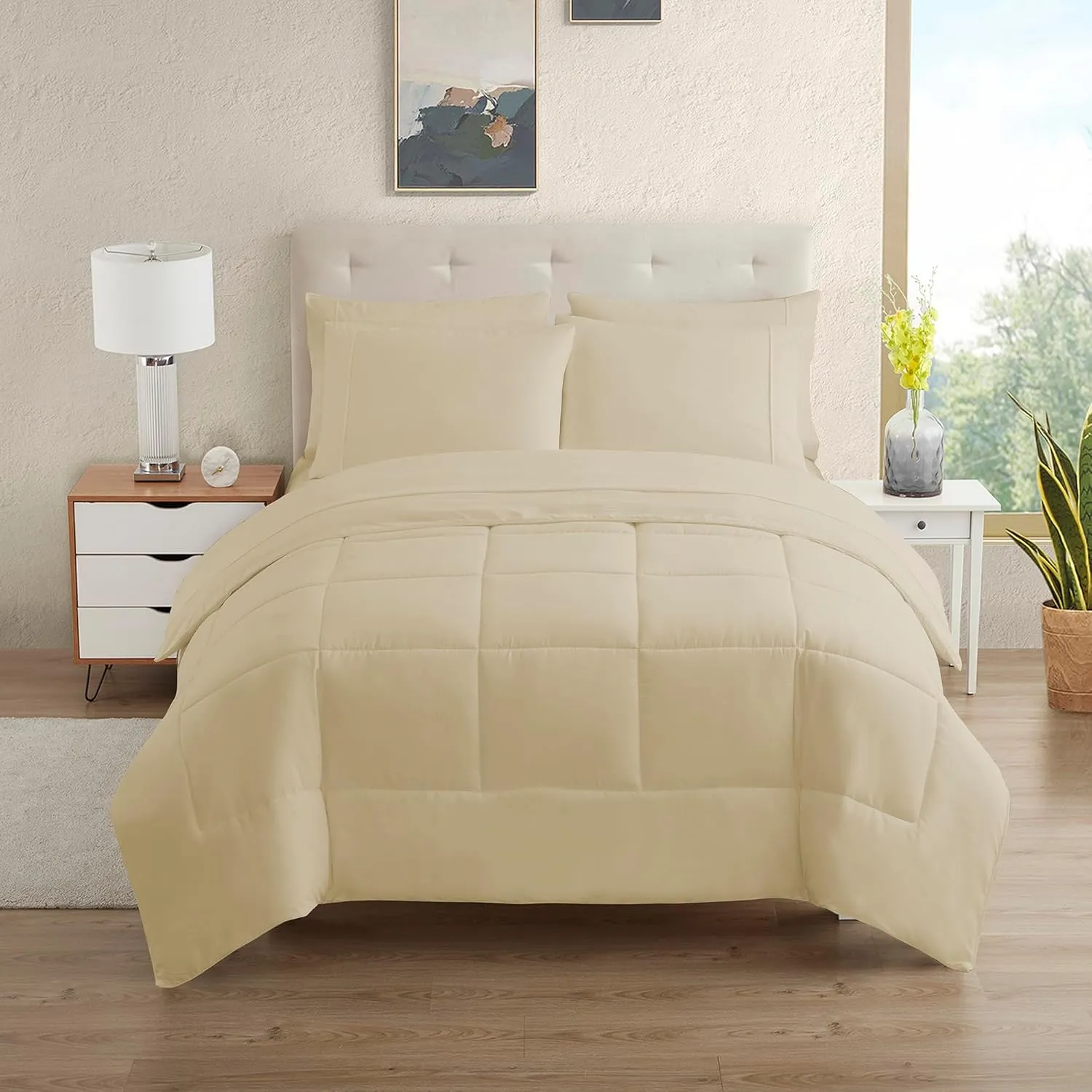 RV Short Queen Comforter Set for RV Camper Comforter Set with Fitted & Flat Sheet, 4 Pillowcases Tailored for RV Short Queen Beds Cozy Essentials for Your RV Bedroom, Beige