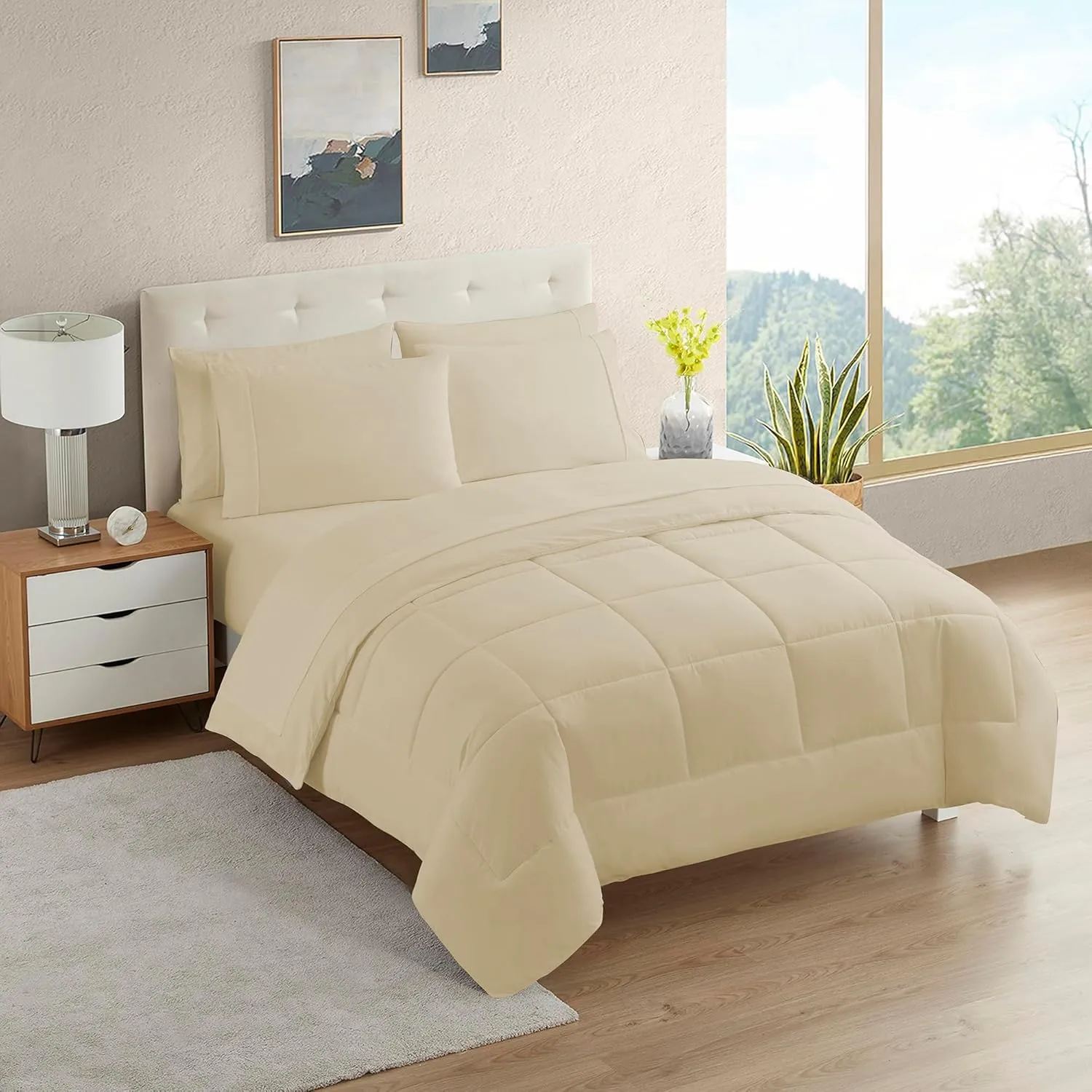 RV Short Queen Comforter Set for RV Camper Comforter Set with Fitted & Flat Sheet, 4 Pillowcases Tailored for RV Short Queen Beds Cozy Essentials for Your RV Bedroom, Beige