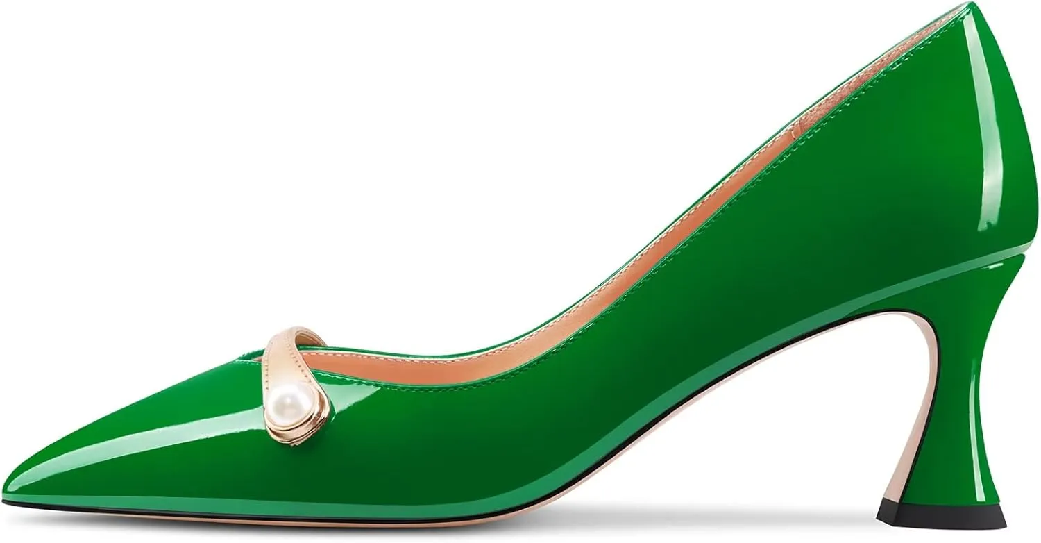 Saekcted Women Chunky Block Mid Heel Pointed Toe Pumps Slip-on Pearls Prom Dress 2.6 Inches Heels