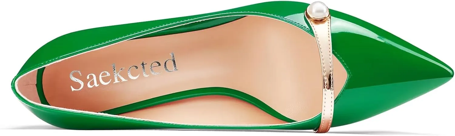 Saekcted Women Chunky Block Mid Heel Pointed Toe Pumps Slip-on Pearls Prom Dress 2.6 Inches Heels