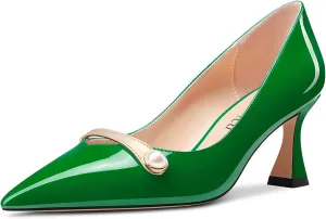 Saekcted Women Chunky Block Mid Heel Pointed Toe Pumps Slip-on Pearls Prom Dress 2.6 Inches Heels