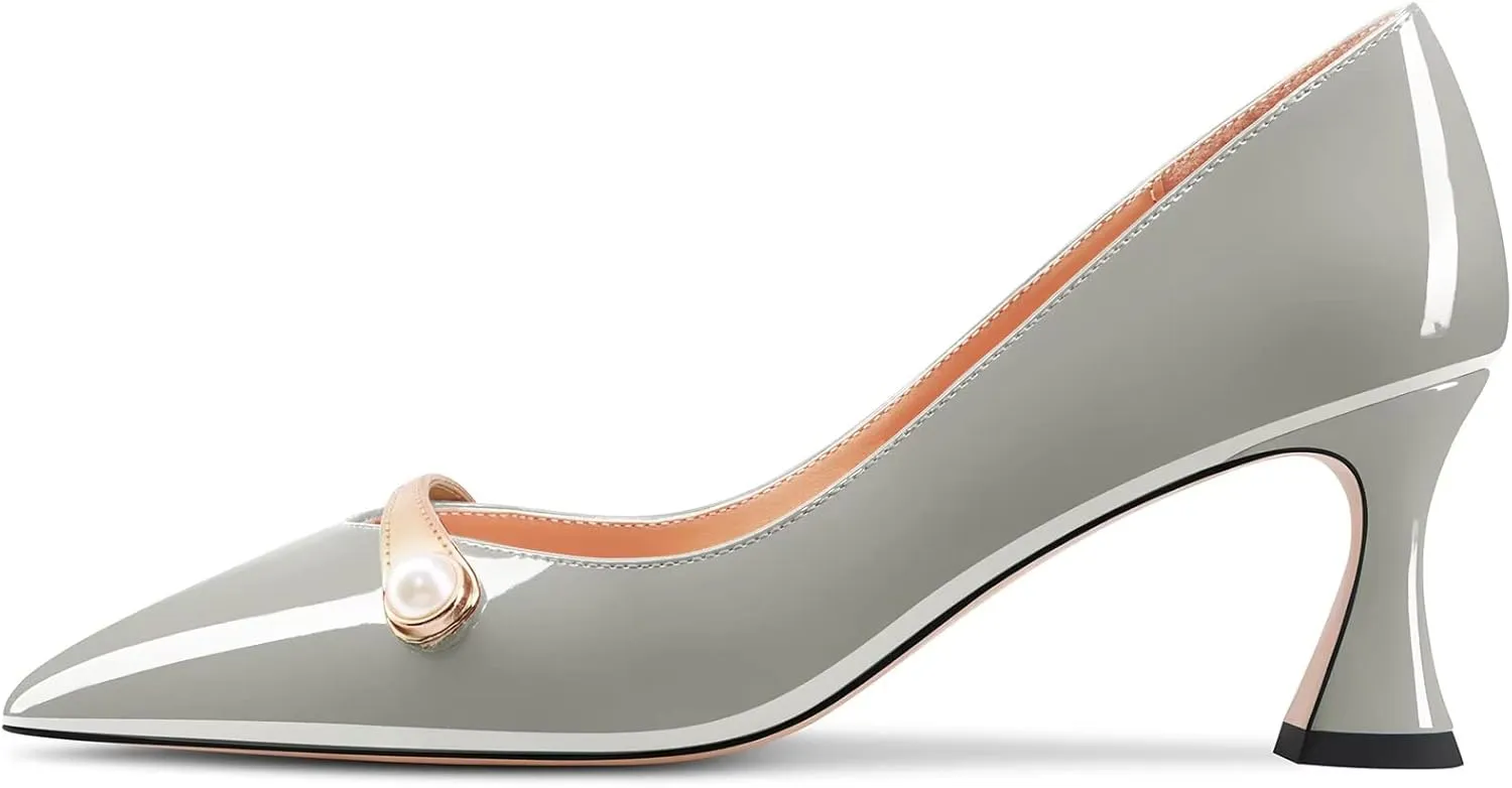 Saekcted Women Chunky Block Mid Heel Pointed Toe Pumps Slip-on Pearls Prom Dress 2.6 Inches Heels