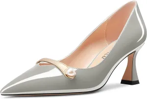 Saekcted Women Chunky Block Mid Heel Pointed Toe Pumps Slip-on Pearls Prom Dress 2.6 Inches Heels