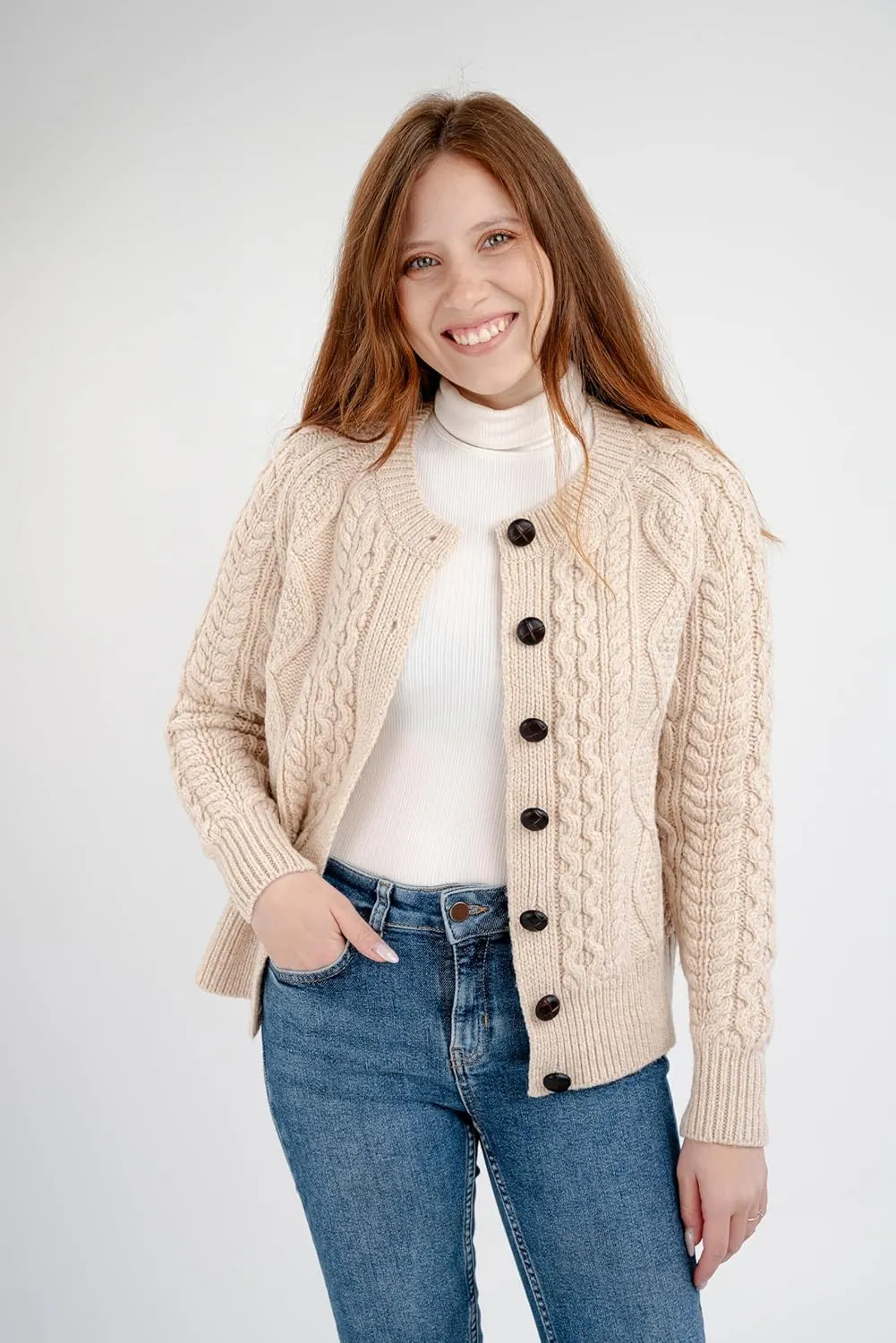 SAOL Irish Ladies Wool Cardigan Sweater Cable Knit Made in Ireland