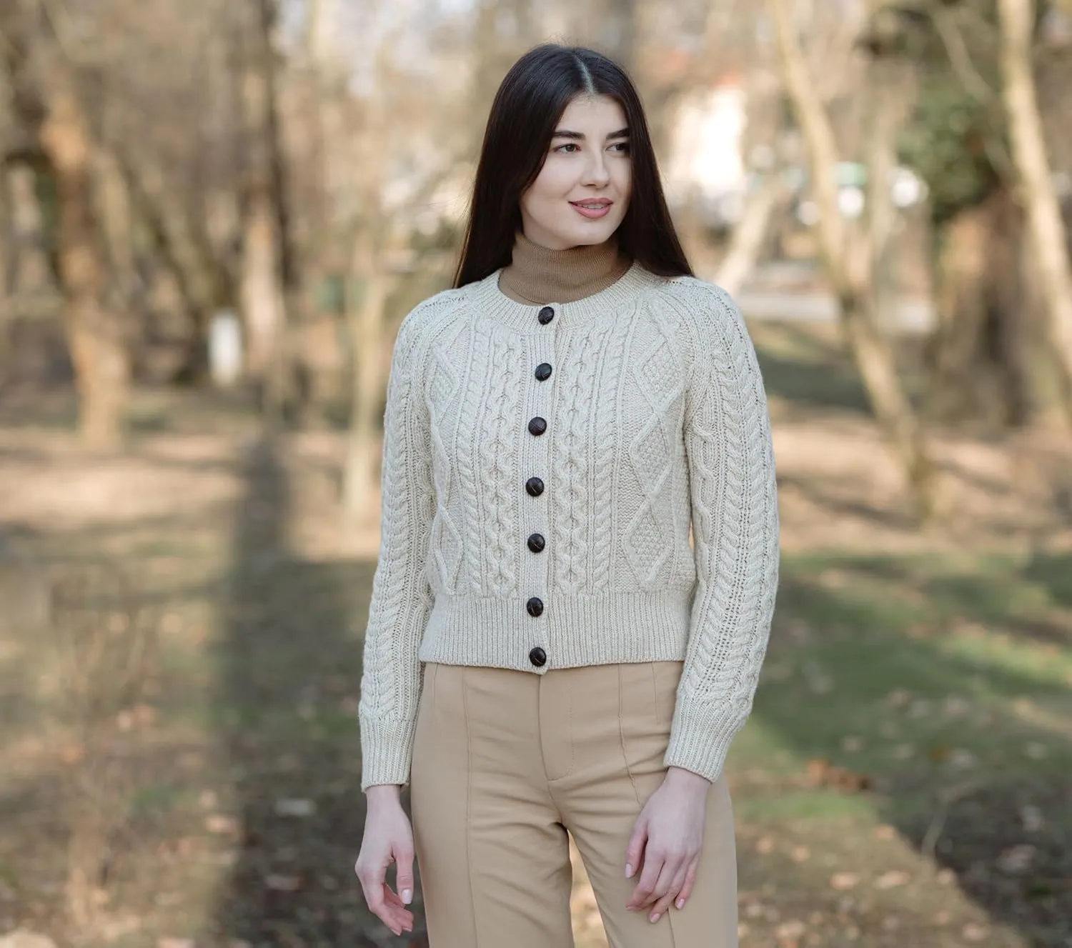 SAOL Irish Ladies Wool Cardigan Sweater Cable Knit Made in Ireland