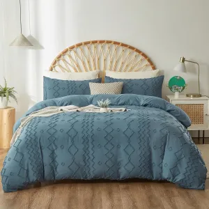 Senville Duvet Cover Queen Size,Blue Tufted Duvet Cover with Jacquard Rhombus Geometric Pattern,3 Pieces Boho Textured Shabby Chic Bedding Set with Zipper Closure for All Season (Denim Blue,Queen)