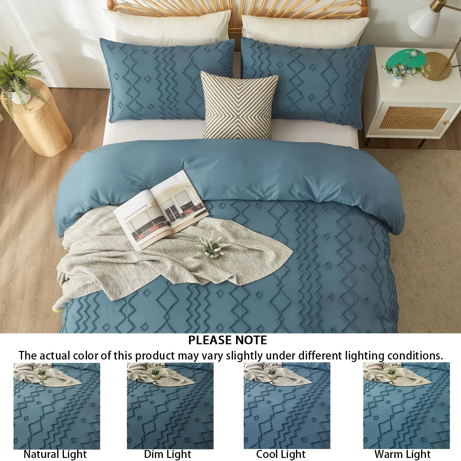 Senville Duvet Cover Queen Size,Blue Tufted Duvet Cover with Jacquard Rhombus Geometric Pattern,3 Pieces Boho Textured Shabby Chic Bedding Set with Zipper Closure for All Season (Denim Blue,Queen)