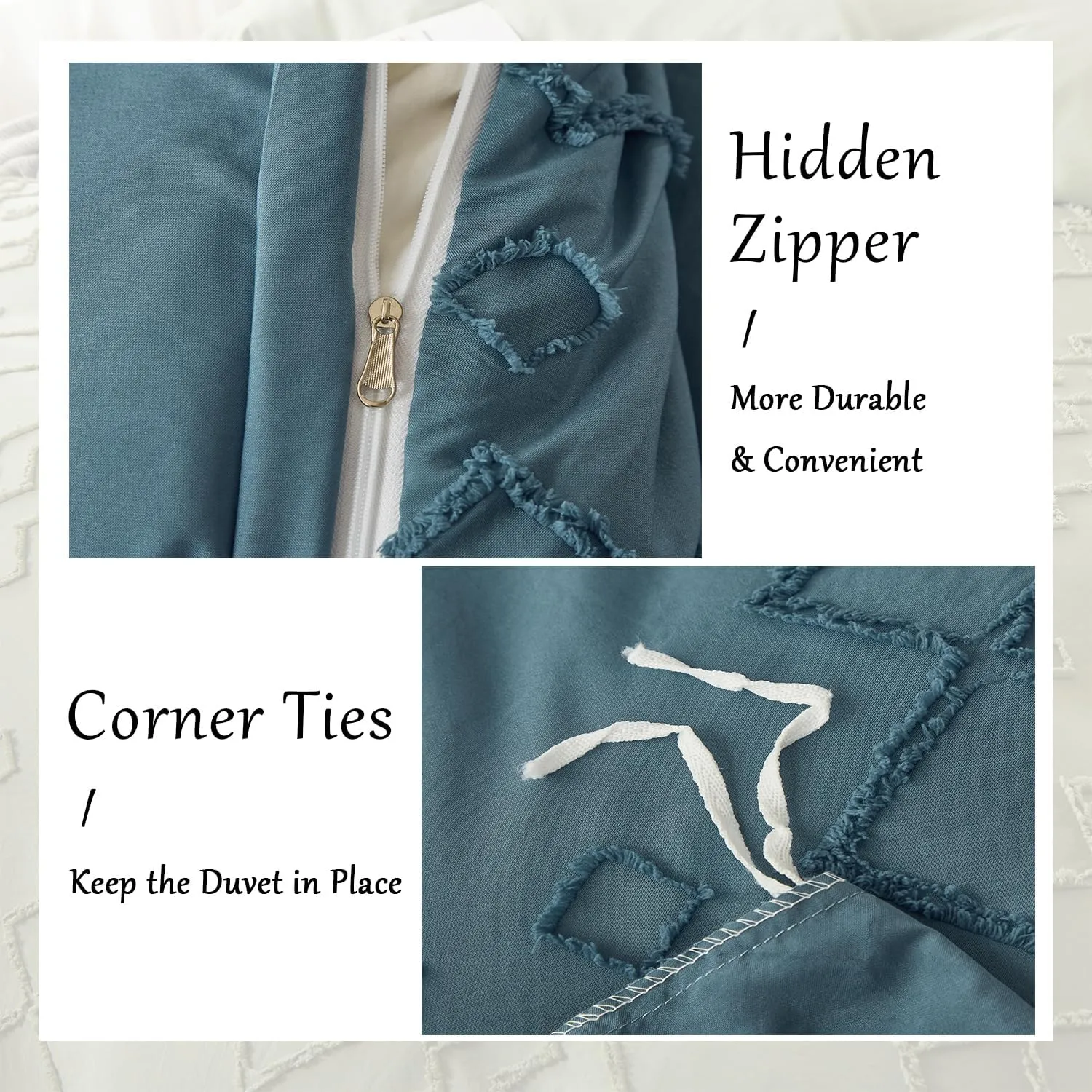 Senville Duvet Cover Queen Size,Blue Tufted Duvet Cover with Jacquard Rhombus Geometric Pattern,3 Pieces Boho Textured Shabby Chic Bedding Set with Zipper Closure for All Season (Denim Blue,Queen)