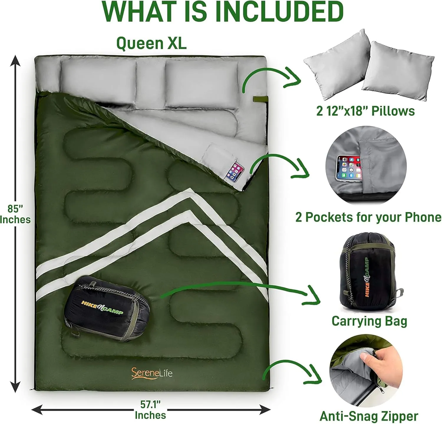 SereneLife Double Sleeping Bag with Pillows, Waterproof & Detachable for 2 Single Bags, Lightweight & Warm, Perfect for Camping, Hiking, Backpacking, and Cold Weather, Suitable for Temperatures 5-10°F