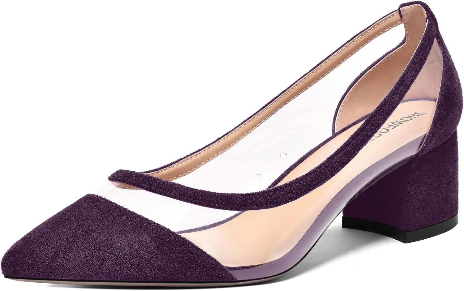 SHOWFOREST Womens Solid Clear Dress Slip On Pointed Toe Suede Dating Chunky Low Heel Pumps Shoes 2 Inch