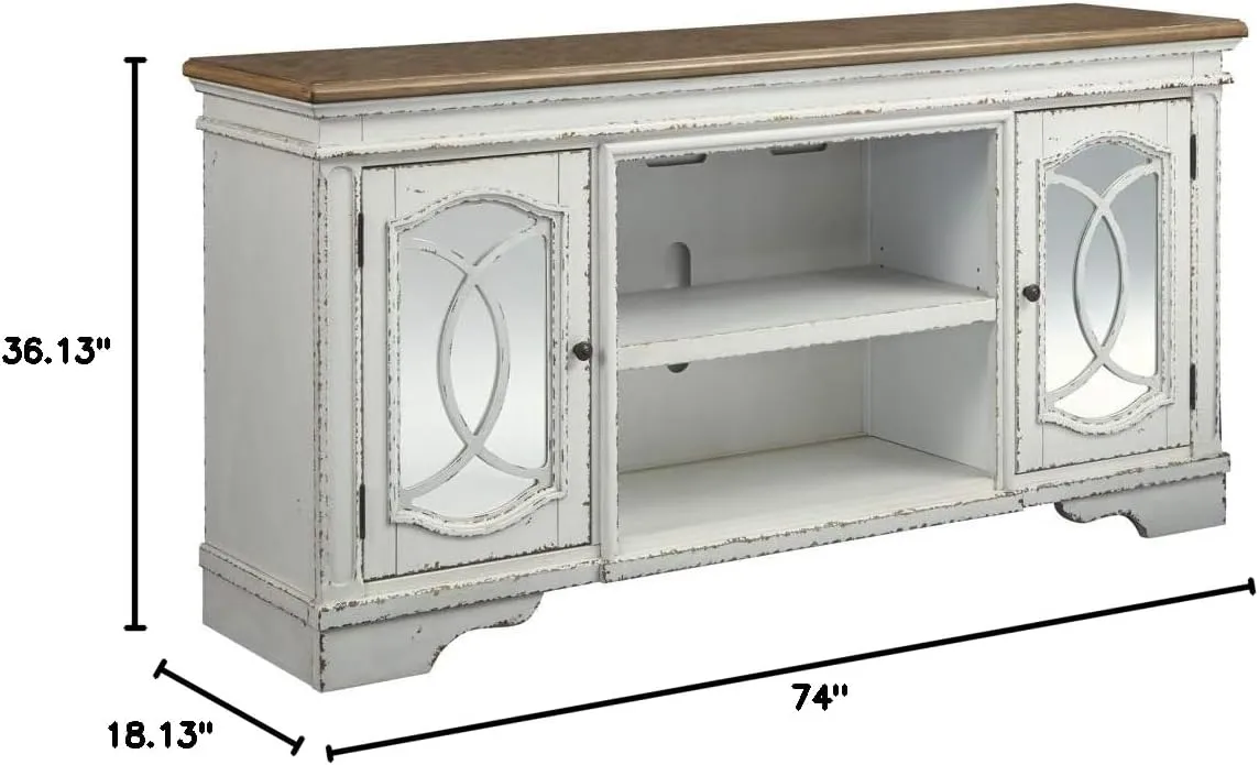 Signature Design by Ashley Realyn Farmhouse TV Stand with Fireplace Option Fits TVs up to 72", 2 Cabinet Doors and Adjustable Storage Shelf, White & Rustic Brown