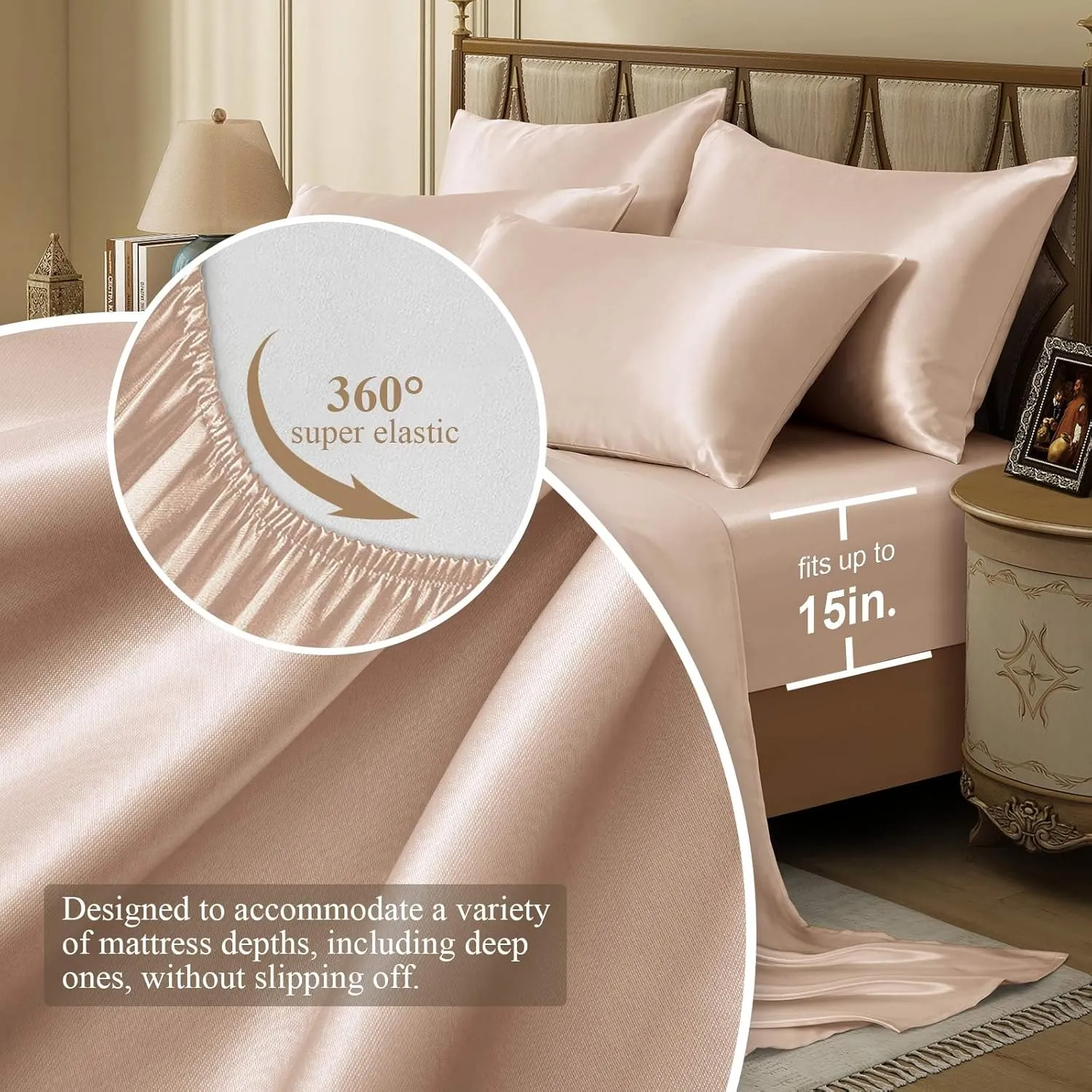 Silk Like Satin Bed Sheets, 6-Piece Beige California King Size Satin Sheets for Hair and Skin, Luxury Silky Bedding Set with Deep Pocket for Mattress (California King, Beige)