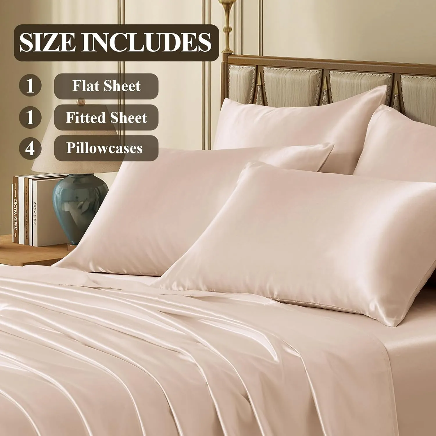 Silk Like Satin Bed Sheets, 6-Piece Beige California King Size Satin Sheets for Hair and Skin, Luxury Silky Bedding Set with Deep Pocket for Mattress (California King, Beige)