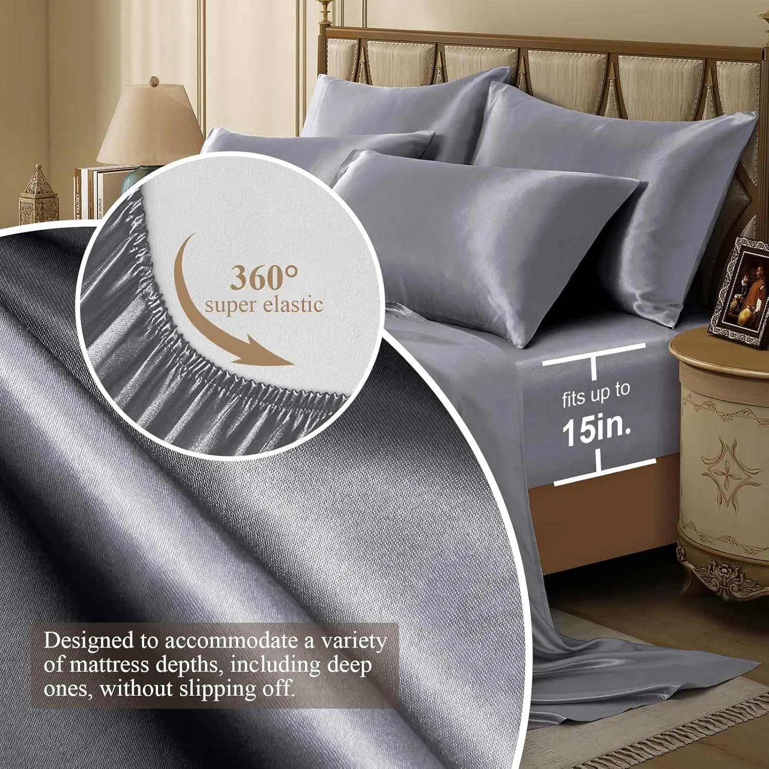 Silk Like Satin Bed Sheets, 6-Piece Grey California King Size Satin Sheets for Hair and Skin, Luxury Silky Bedding Set with Deep Pocket for Mattress (California King, Grey)