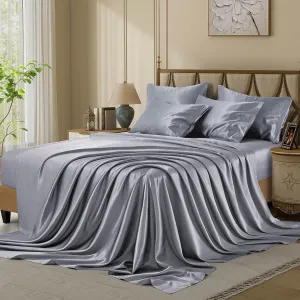 Silk Like Satin Bed Sheets, 6-Piece Grey California King Size Satin Sheets for Hair and Skin, Luxury Silky Bedding Set with Deep Pocket for Mattress (California King, Grey)