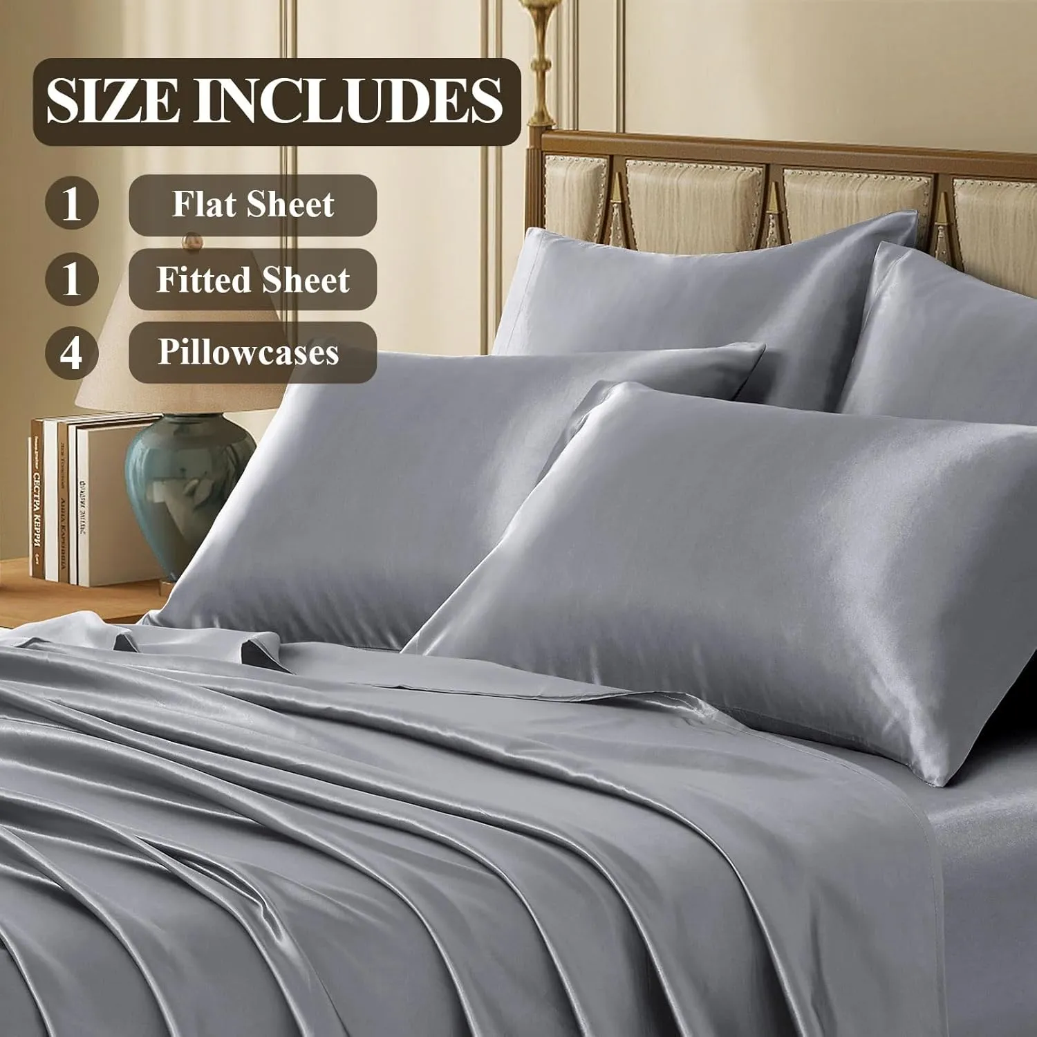 Silk Like Satin Bed Sheets, 6-Piece Grey California King Size Satin Sheets for Hair and Skin, Luxury Silky Bedding Set with Deep Pocket for Mattress (California King, Grey)