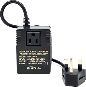 Simran SMF-200UK Deluxe 200 Watts Step Down Voltage Converter for International Travel to AC 220V/240V Countries, Ideal for Laptops, Cameras, iPhones, iPads, Handheld Video Games etc.(UK)