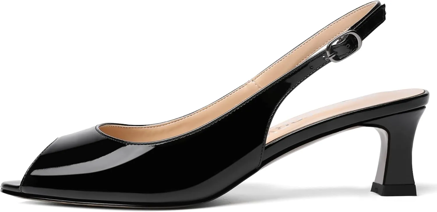 SKYSTERRY Women's Patent Dress Slip On Wedding Slingback Peep Toe Spool Low Heel Pumps Shoes 2 Inch