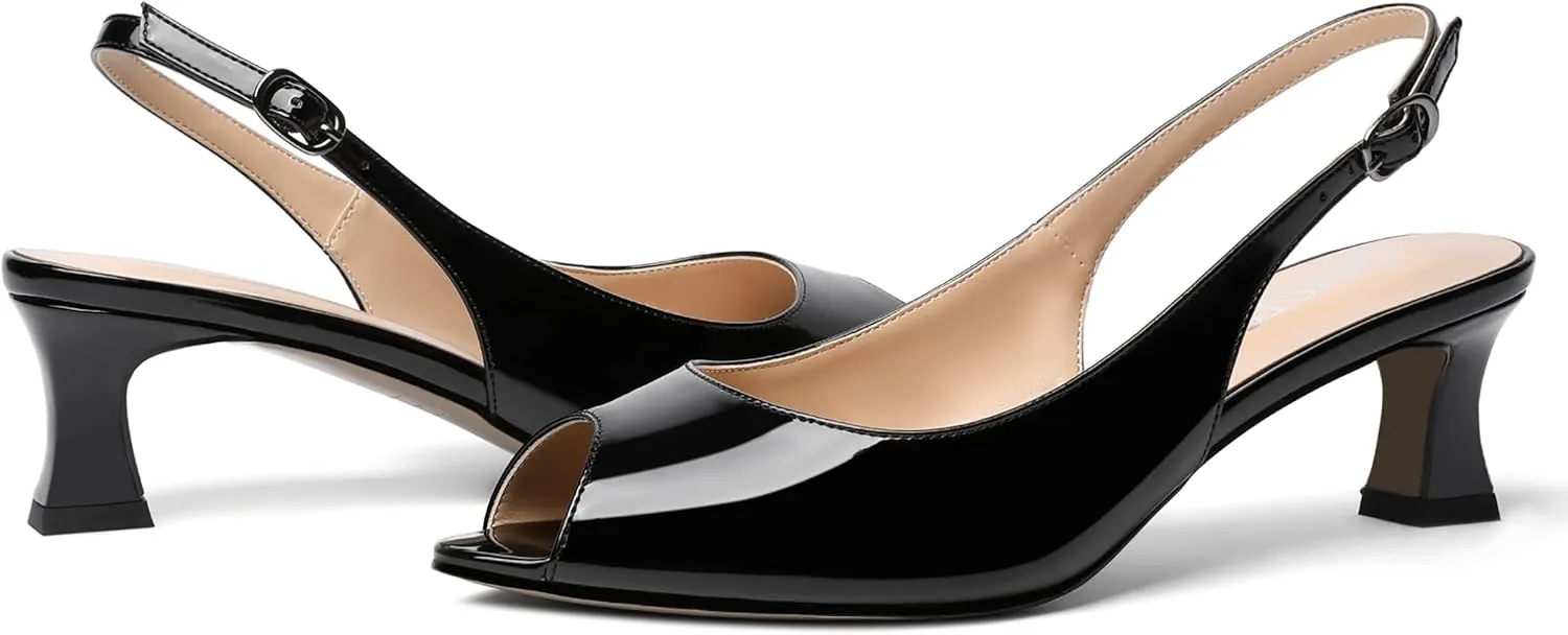 SKYSTERRY Women's Patent Dress Slip On Wedding Slingback Peep Toe Spool Low Heel Pumps Shoes 2 Inch