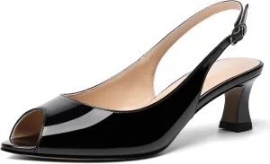 SKYSTERRY Women's Patent Dress Slip On Wedding Slingback Peep Toe Spool Low Heel Pumps Shoes 2 Inch