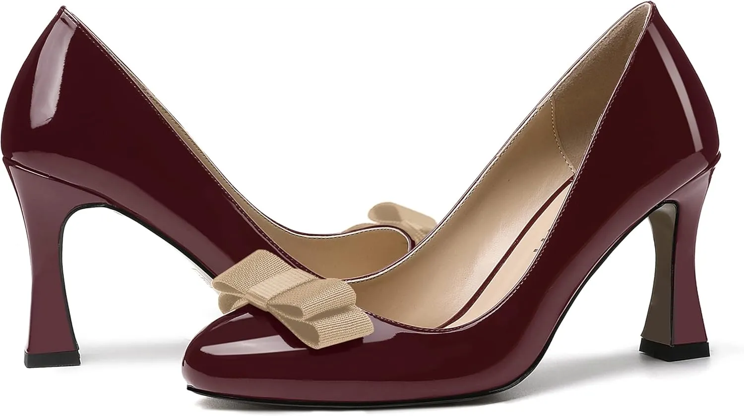 SKYSTERRY Women's Slip On Bow Patent Round Toe Casual Dating Spool High Heel Pumps Shoes 3.3 Inch