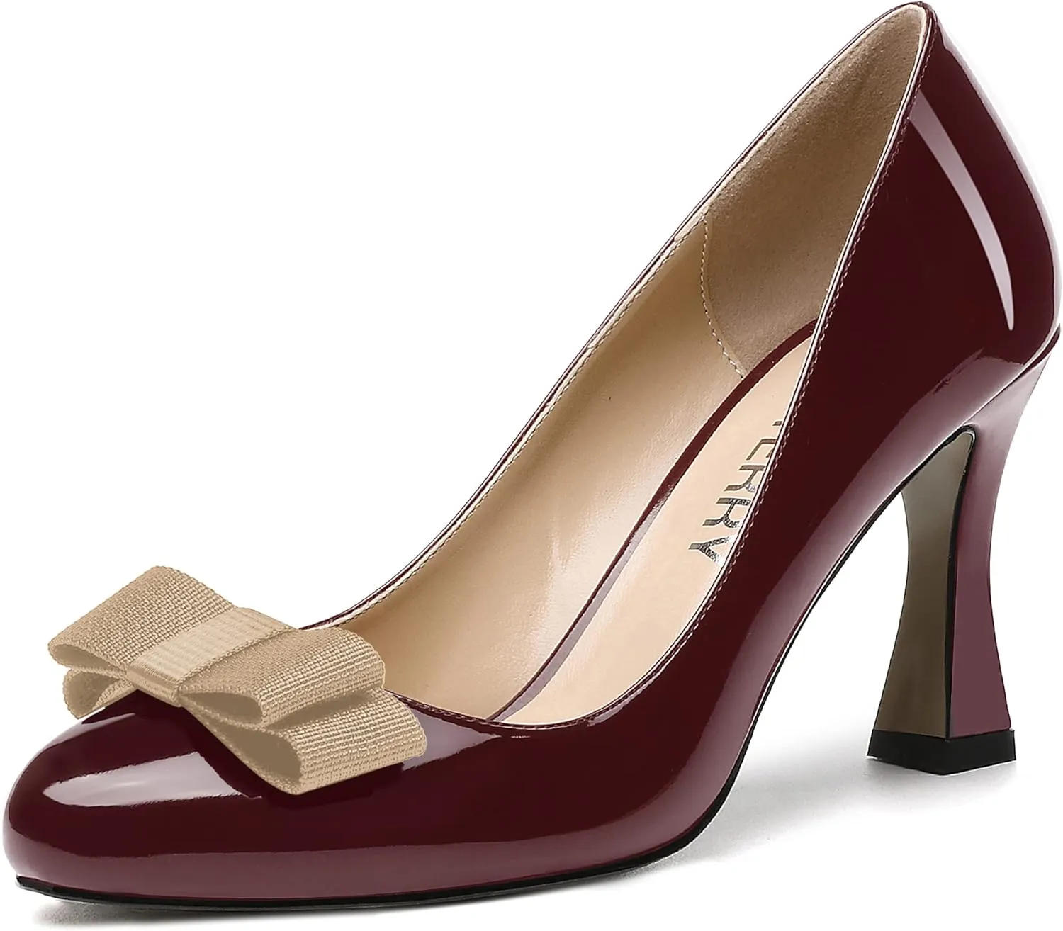 SKYSTERRY Women's Slip On Bow Patent Round Toe Casual Dating Spool High Heel Pumps Shoes 3.3 Inch