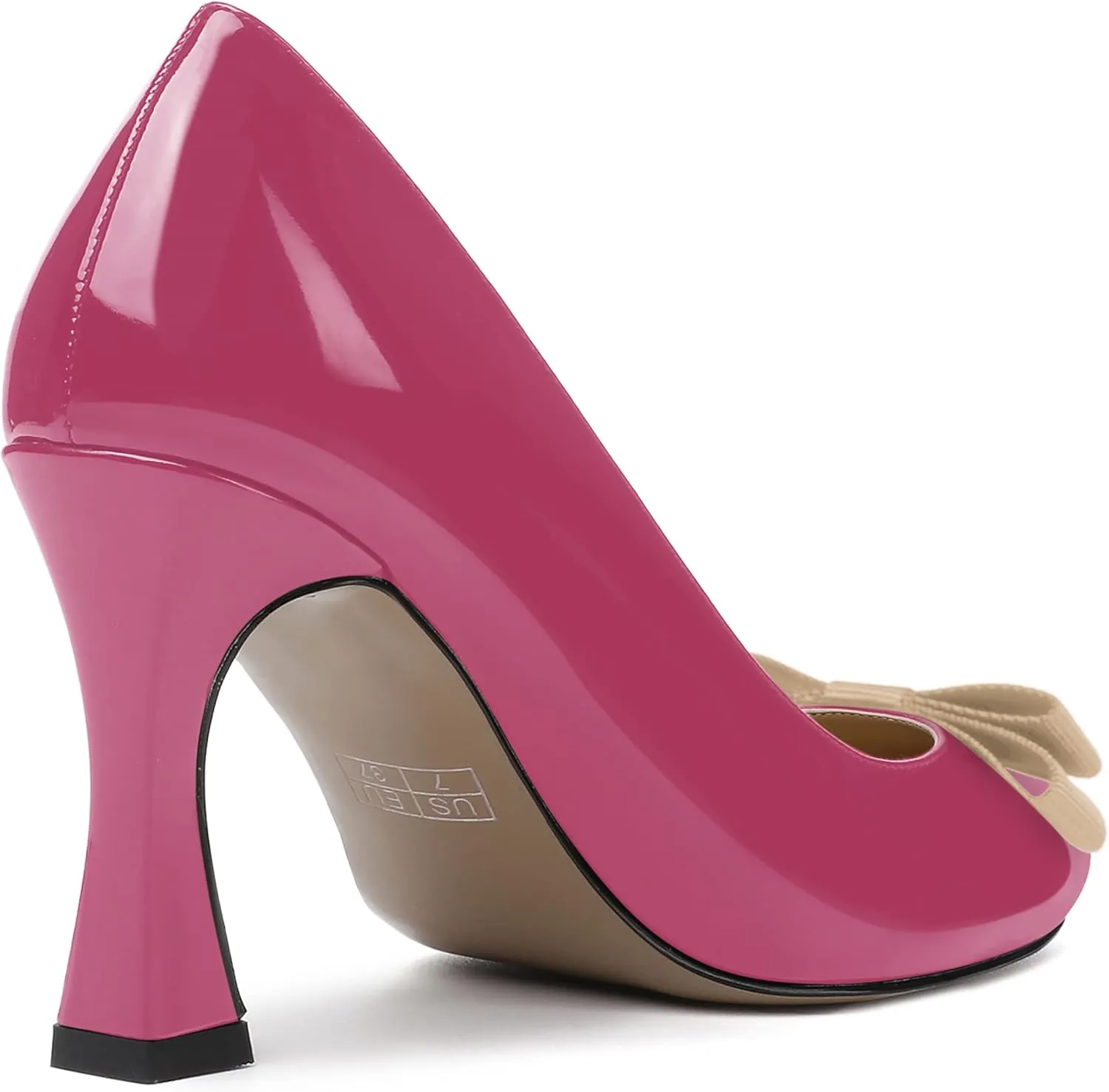 SKYSTERRY Women's Slip On Bow Patent Round Toe Casual Dating Spool High Heel Pumps Shoes 3.3 Inch