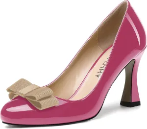 SKYSTERRY Women's Slip On Bow Patent Round Toe Casual Dating Spool High Heel Pumps Shoes 3.3 Inch