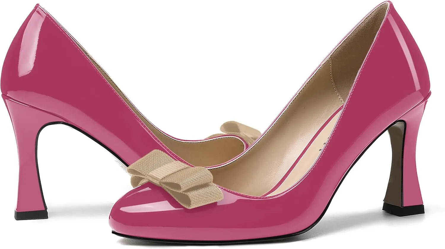 SKYSTERRY Women's Slip On Bow Patent Round Toe Casual Dating Spool High Heel Pumps Shoes 3.3 Inch