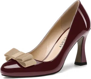 SKYSTERRY Women's Slip On Bow Patent Round Toe Casual Dating Spool High Heel Pumps Shoes 3.3 Inch