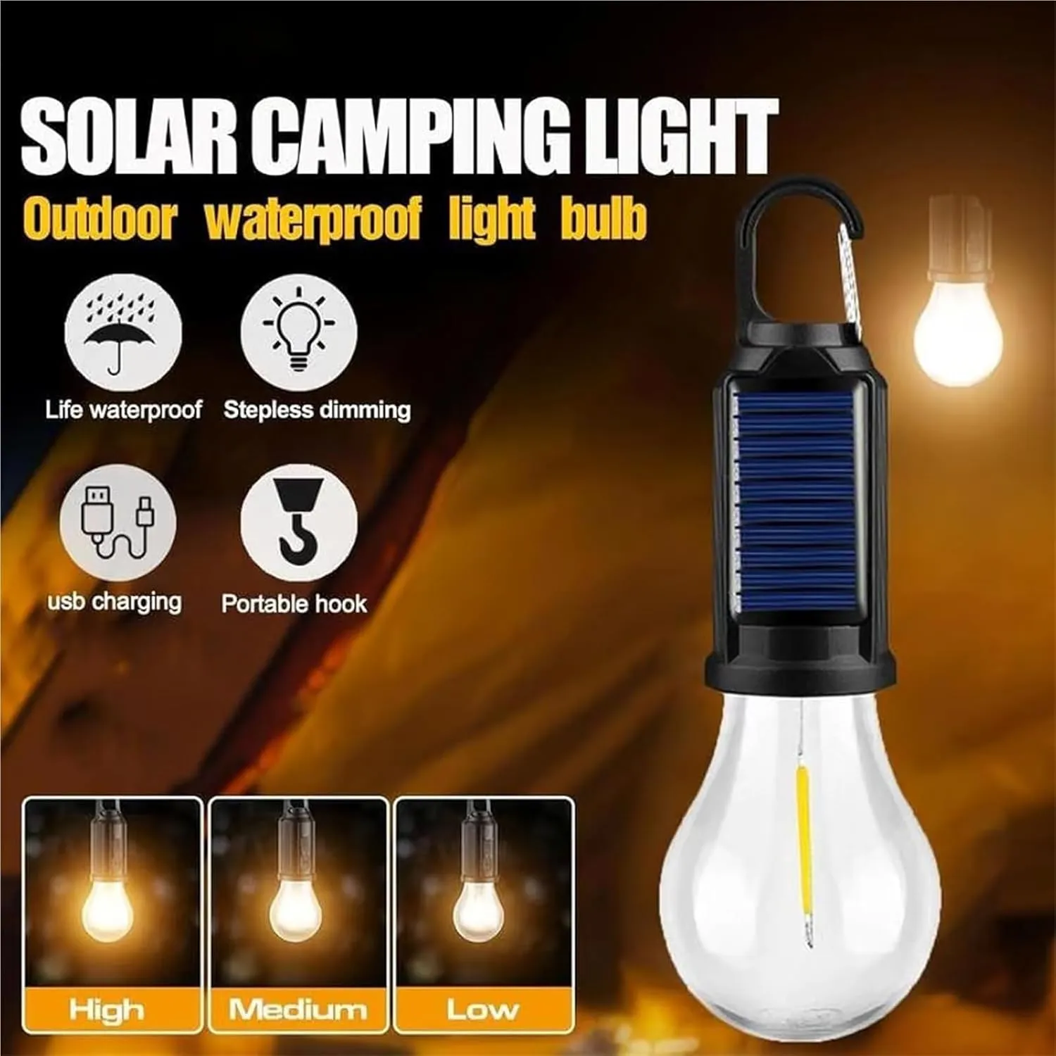 Solar Rechargeable Camping Light, 3 Pack, LED, Yellow, 1 Count