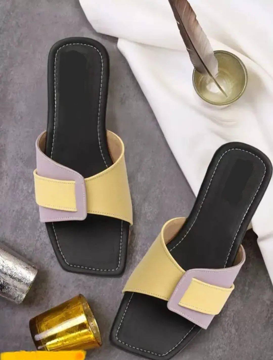 Special Multi-Color Double Strap Sandals for Women – Stylish Yellow Flats with TPR Sole for Comfort and Long Use