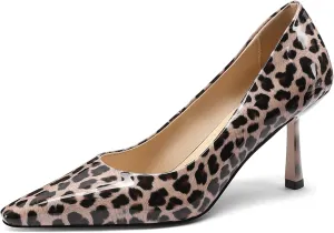 Square Toe Stiletto Heel Patent Leather Leopard Print Pumps for Women Slip On Comfortable Horseshoe Heels