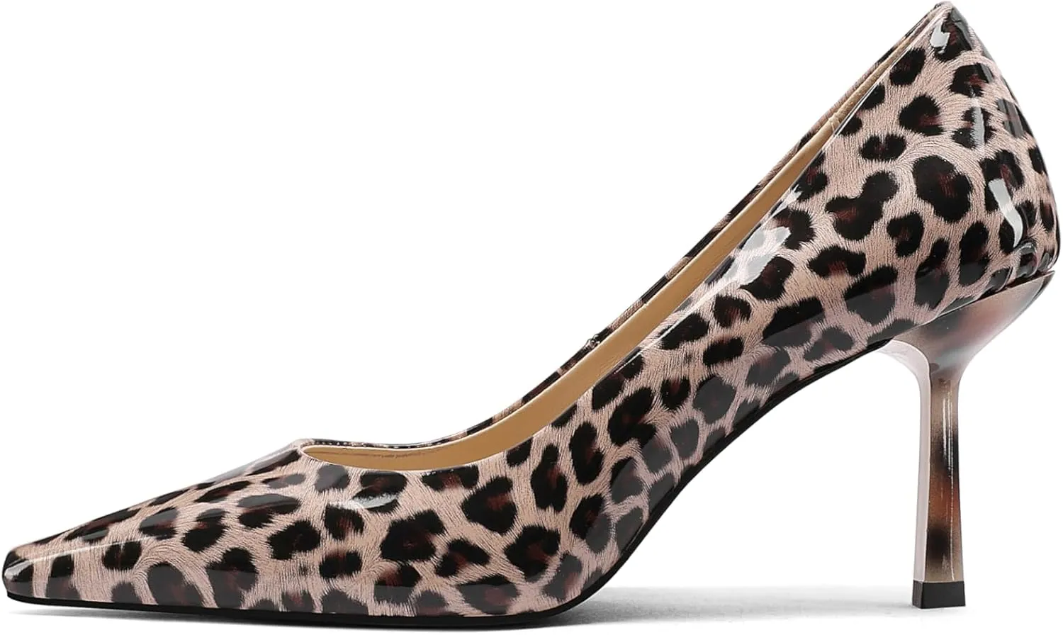 Square Toe Stiletto Heel Patent Leather Leopard Print Pumps for Women Slip On Comfortable Horseshoe Heels