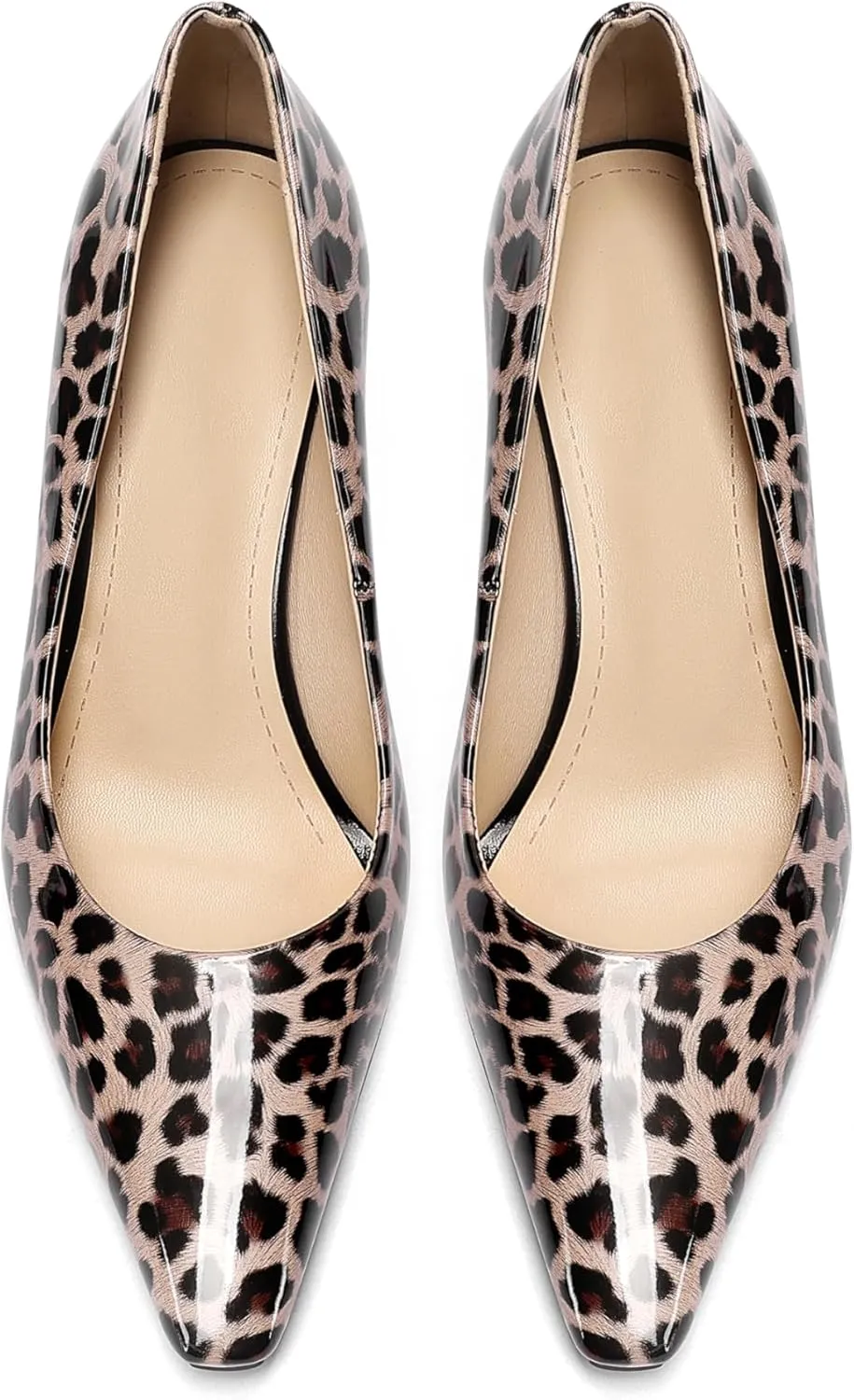 Square Toe Stiletto Heel Patent Leather Leopard Print Pumps for Women Slip On Comfortable Horseshoe Heels
