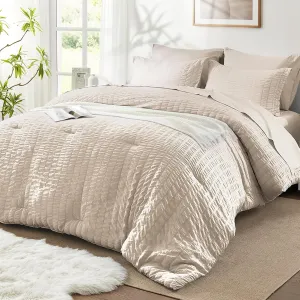 SunStyle Home Full/Queen Comforter Set 7 Pieces, Beige Seersucker Bed in a Bag Lightweight Bedding Set, All Season Comforters with Flat Sheet, Fitted Sheet, Pillowcase and Pillow Sham