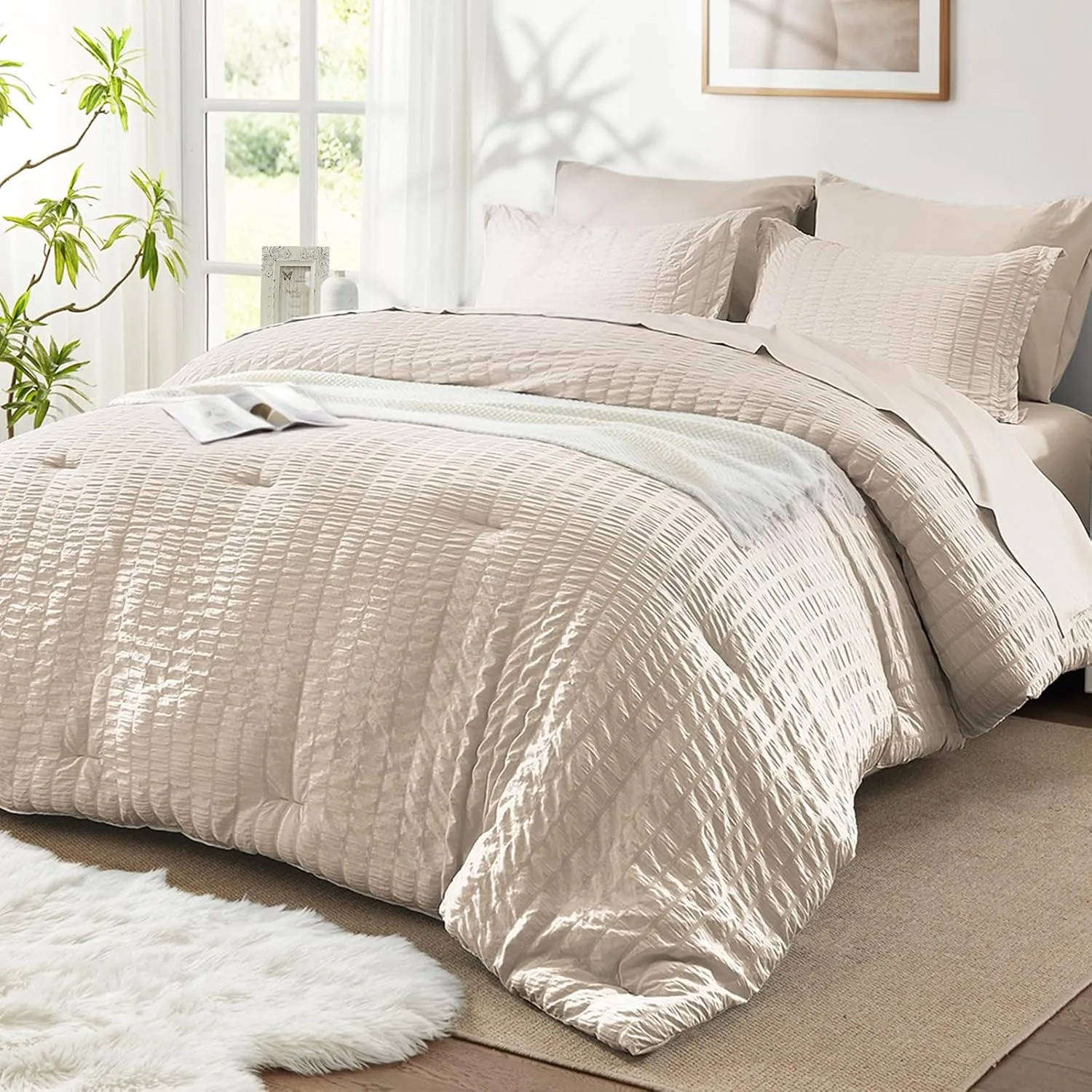SunStyle Home Full/Queen Comforter Set 7 Pieces, Beige Seersucker Bed in a Bag Lightweight Bedding Set, All Season Comforters with Flat Sheet, Fitted Sheet, Pillowcase and Pillow Sham