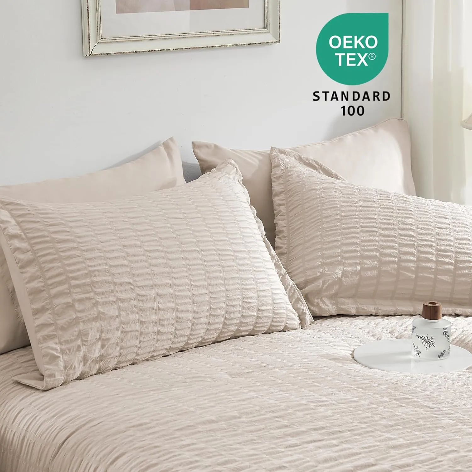 SunStyle Home Full/Queen Comforter Set 7 Pieces, Beige Seersucker Bed in a Bag Lightweight Bedding Set, All Season Comforters with Flat Sheet, Fitted Sheet, Pillowcase and Pillow Sham