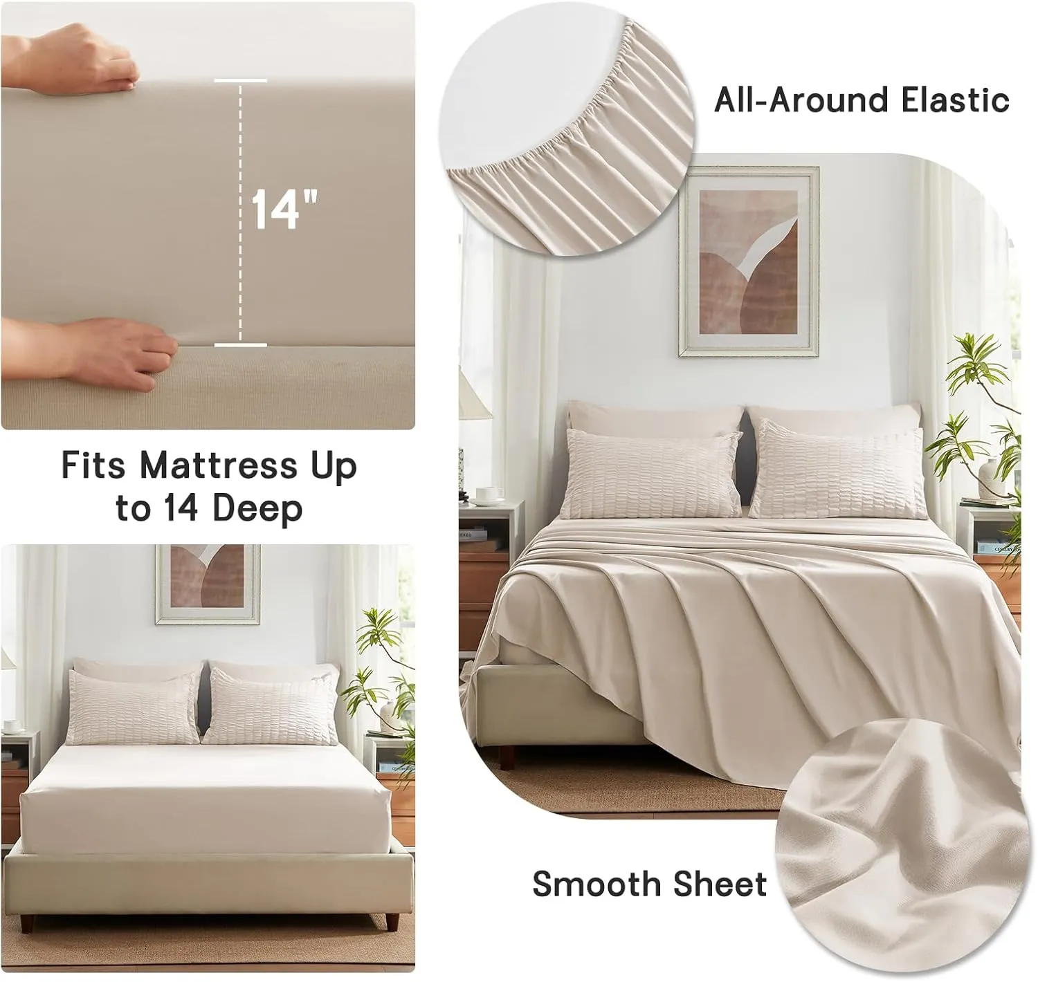 SunStyle Home Full/Queen Comforter Set 7 Pieces, Beige Seersucker Bed in a Bag Lightweight Bedding Set, All Season Comforters with Flat Sheet, Fitted Sheet, Pillowcase and Pillow Sham