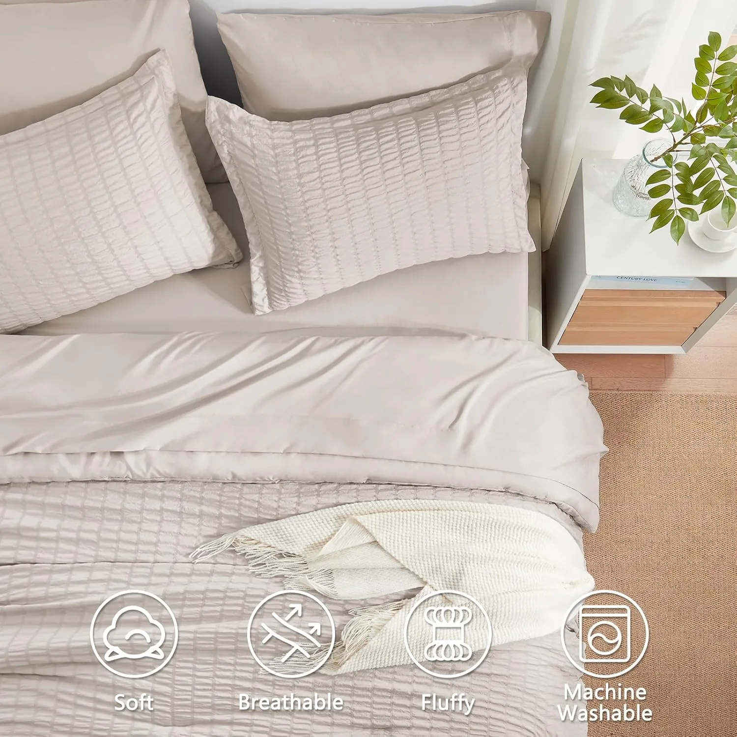 SunStyle Home Full/Queen Comforter Set 7 Pieces, Beige Seersucker Bed in a Bag Lightweight Bedding Set, All Season Comforters with Flat Sheet, Fitted Sheet, Pillowcase and Pillow Sham