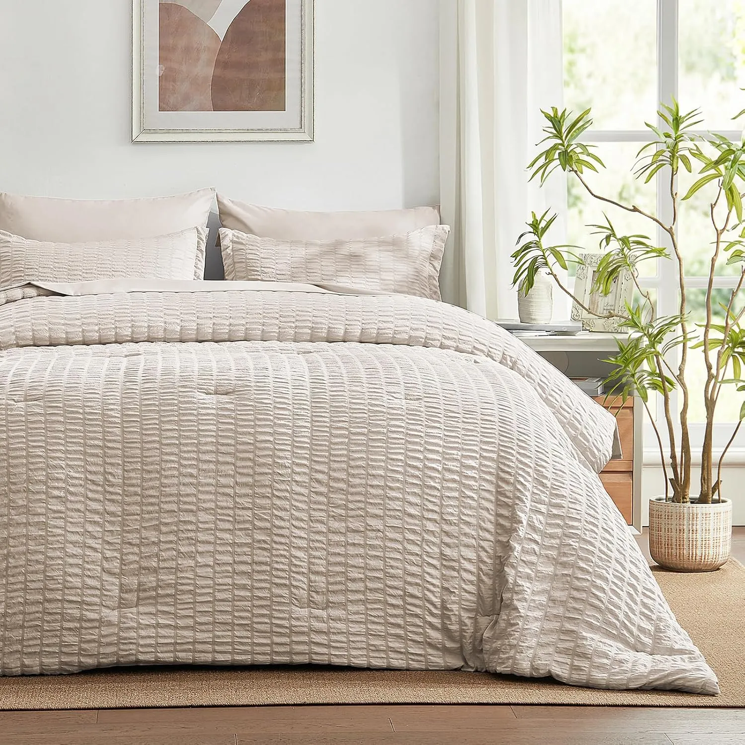 SunStyle Home Full/Queen Comforter Set 7 Pieces, Beige Seersucker Bed in a Bag Lightweight Bedding Set, All Season Comforters with Flat Sheet, Fitted Sheet, Pillowcase and Pillow Sham