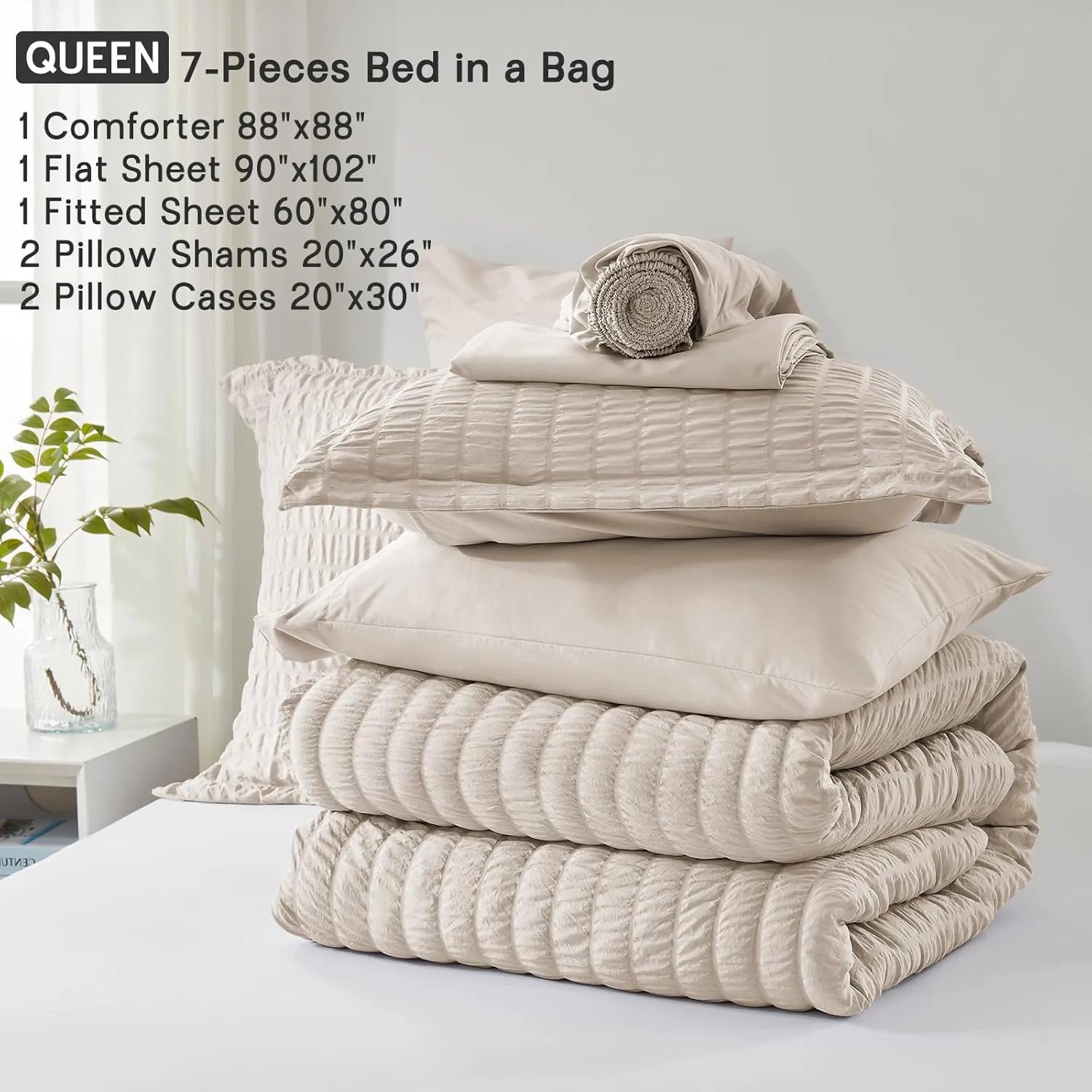 SunStyle Home Full/Queen Comforter Set 7 Pieces, Beige Seersucker Bed in a Bag Lightweight Bedding Set, All Season Comforters with Flat Sheet, Fitted Sheet, Pillowcase and Pillow Sham