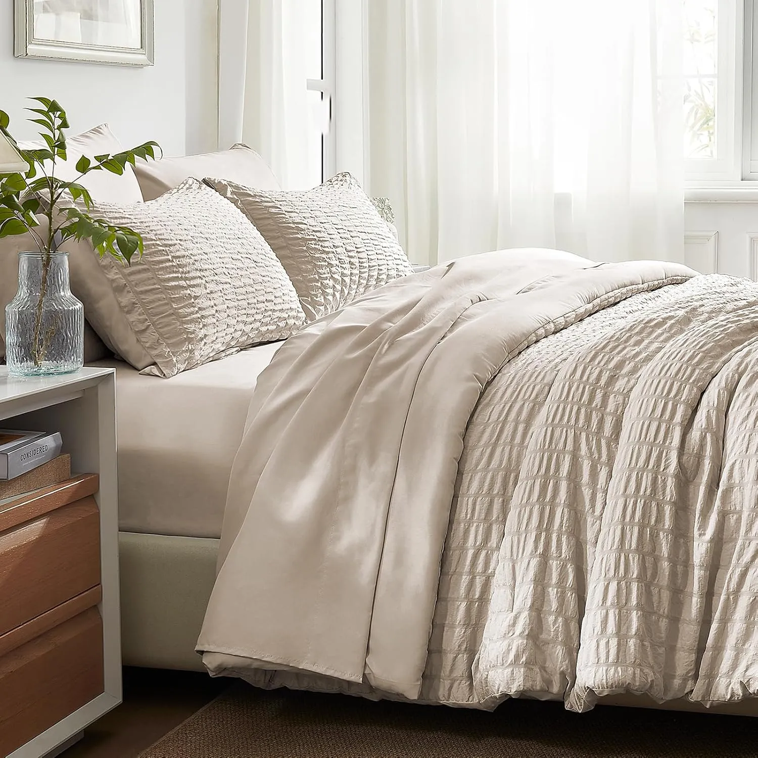 SunStyle Home Full/Queen Comforter Set 7 Pieces, Beige Seersucker Bed in a Bag Lightweight Bedding Set, All Season Comforters with Flat Sheet, Fitted Sheet, Pillowcase and Pillow Sham