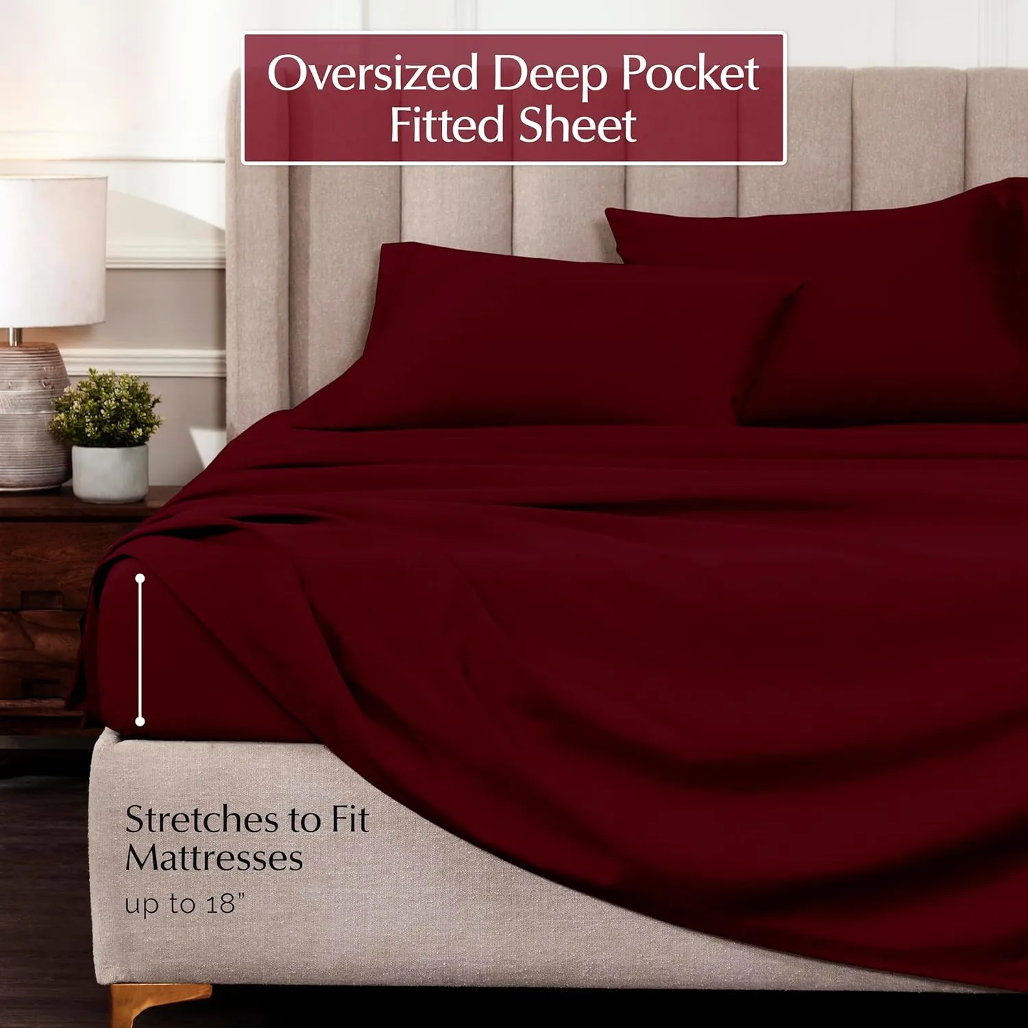 Superior Egyptian Cotton Sheet Set - 1000-Thread Count Egyptian Cotton Solid Bedding Sheet Set with 18” Deep Pocket - Luxury High Thread Count Sheet Set, California King, Burgundy