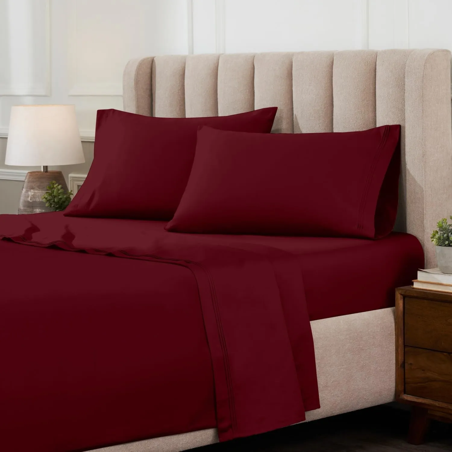 Superior Egyptian Cotton Sheet Set - 1000-Thread Count Egyptian Cotton Solid Bedding Sheet Set with 18” Deep Pocket - Luxury High Thread Count Sheet Set, California King, Burgundy