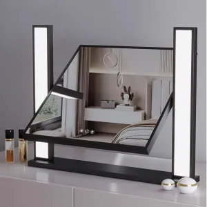 Tabletop Vanity Makeup Mirror with Stand, 42X50CM, 57X70CM, Rectangle Tabletop Mirror, 360° Rotation, LED Lighted Mirror, Smart Touch, 3 Colors Dimmable (Color : Black, Size : 42X50CM)