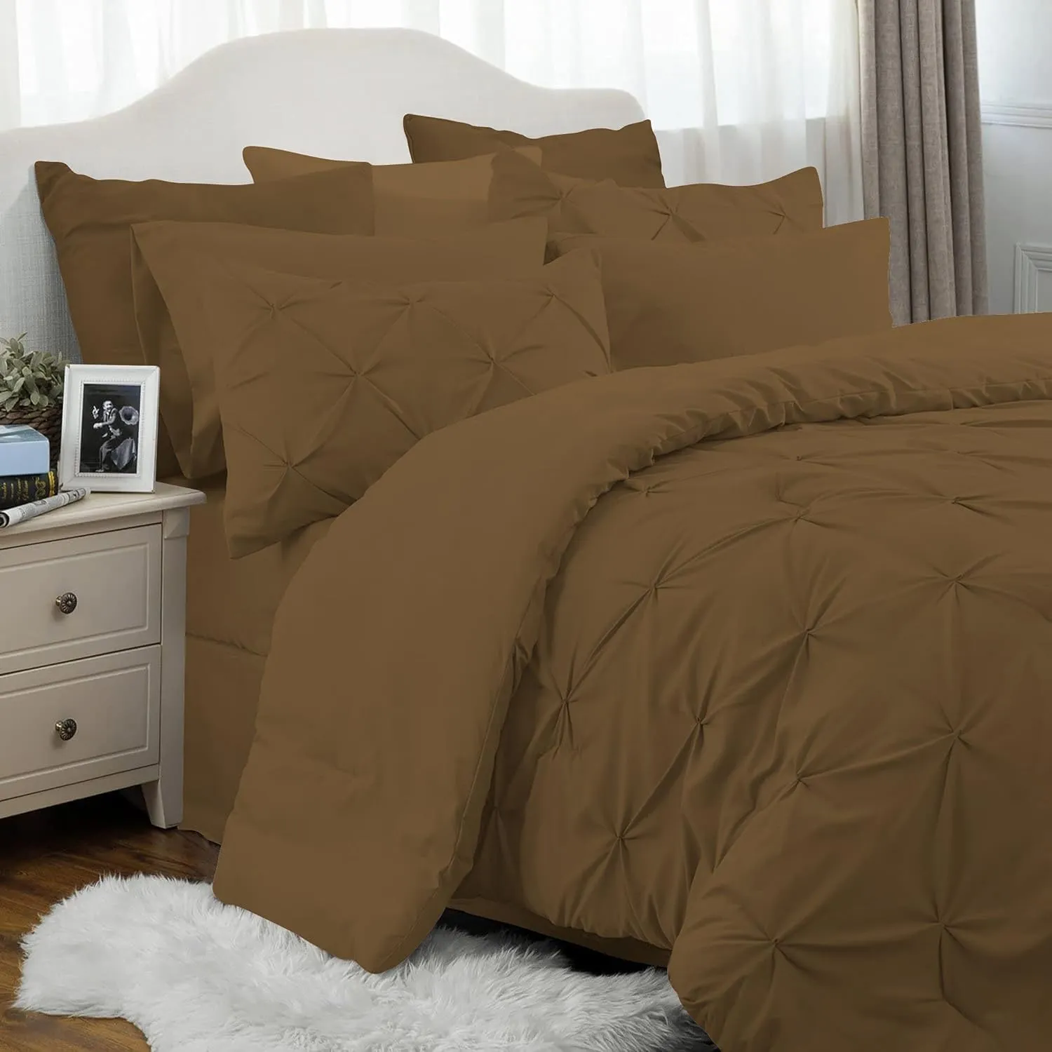 Taupe Emperor Comforter Set - 7 Piece Pinch Pleated Bed in a Bag - 600 Thread Count 100% Egyptian Cotton Bedding Set - (26 inch Deep Pocket Sheet Set and 500GSM Comforter)